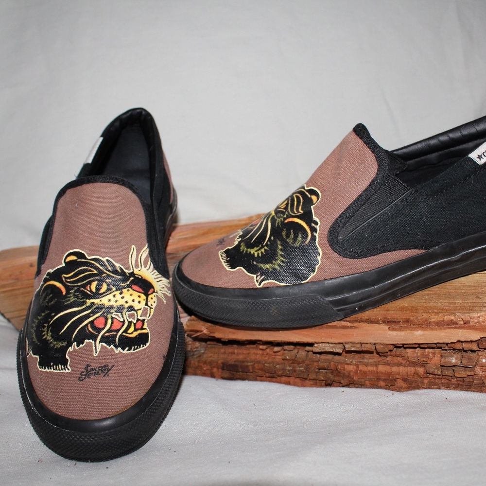"Sailor Jerry" Black Tiger, Mens Converse Slip Ons, size 8 1/2